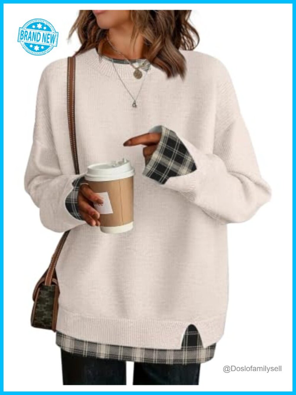 Oversized Patchwork Knit Sweater Crew Neck Long Sleeve Slit Hem